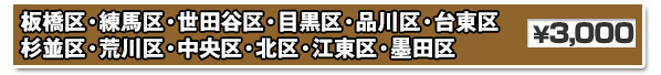 板橋区・練馬区・世田谷区・目黒区・品川区・台東区・杉並区・荒川区・中央区・北区・江東区・墨田区　￥3,000